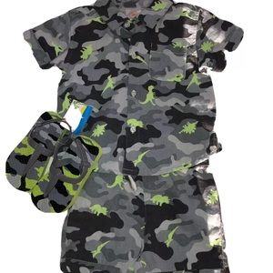 Baby Boy 12m Dino Woven Shirt + Shorts Outfit + Army Color Flip Flops New 🦕